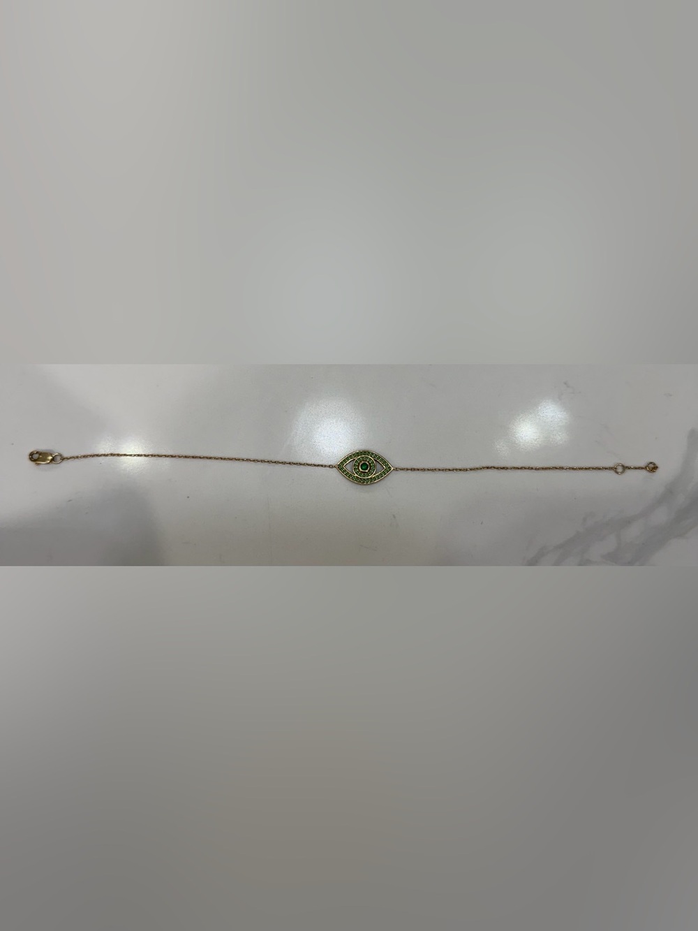 Gold 14 K Chain Bracelet with Green Evil Eye Charm